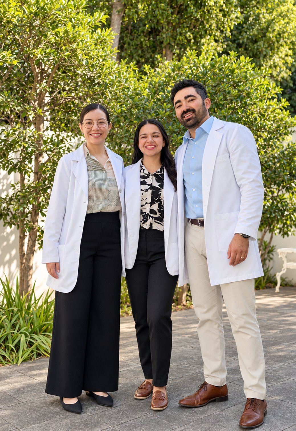 Three professional people posing together outdoors against a lush green foliage background, wearing business casual attire.