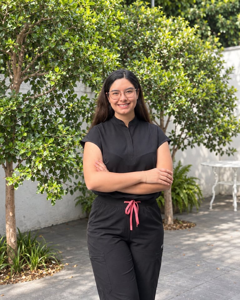 Woman with glasses wearing black scrubs standing with crossed arms in front of lush green foliage and building