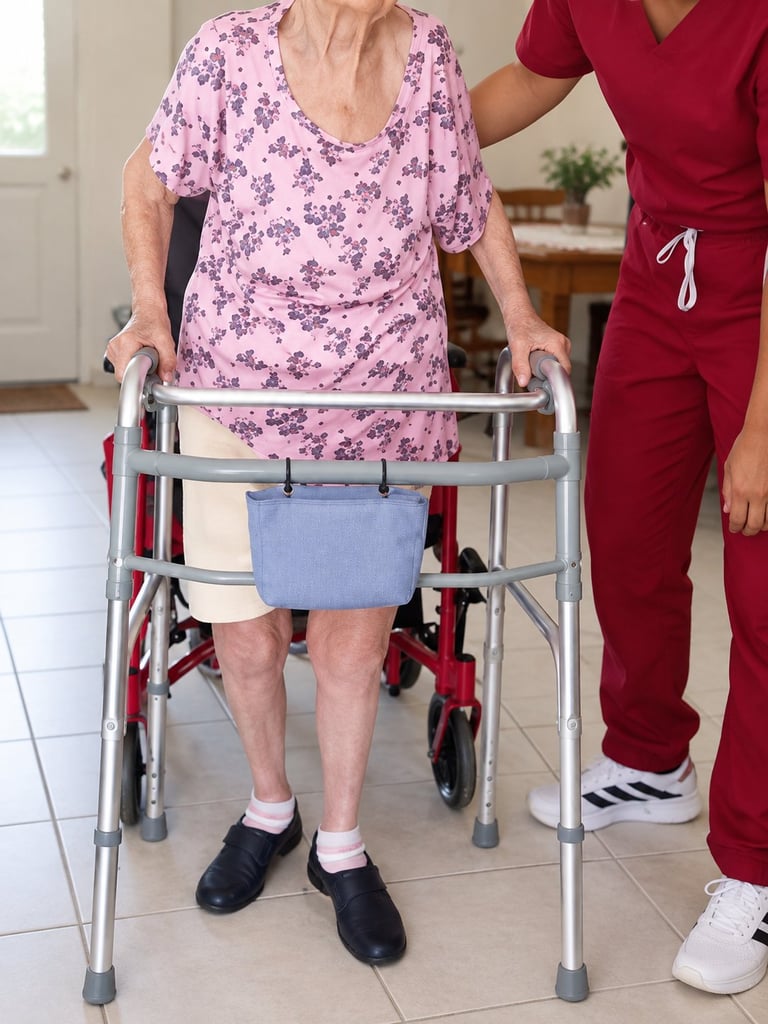 Elderly woman in purple floral shirt using a walker with assistance from a caregiver in maroon scrubs indoors.