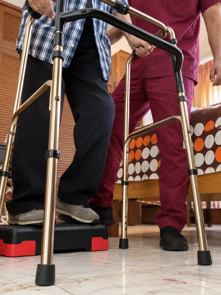 Two people using a mobility walker indoors, wearing casual clothing including black pants and a maroon shirt